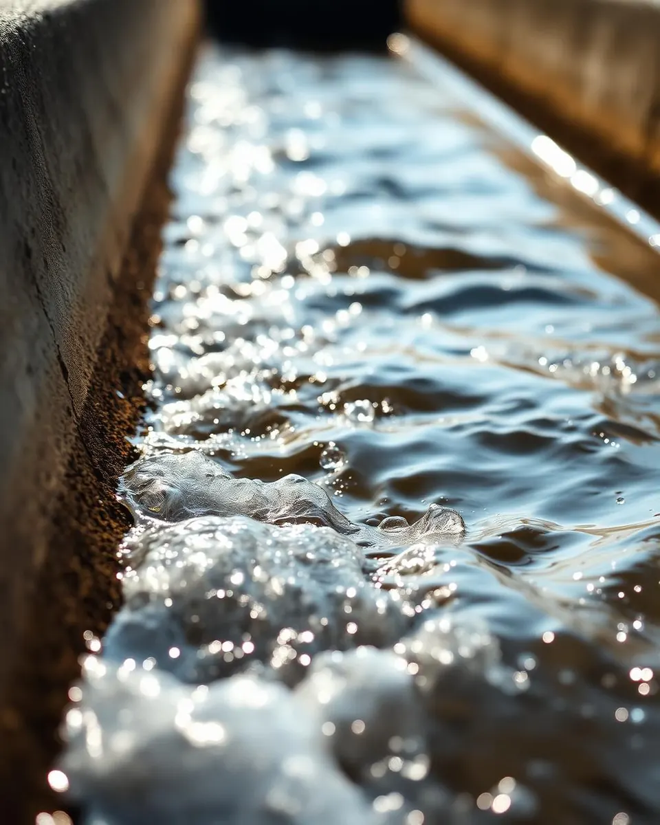 Detalhe de água corrente em canal de irrigação com gotas suspensas