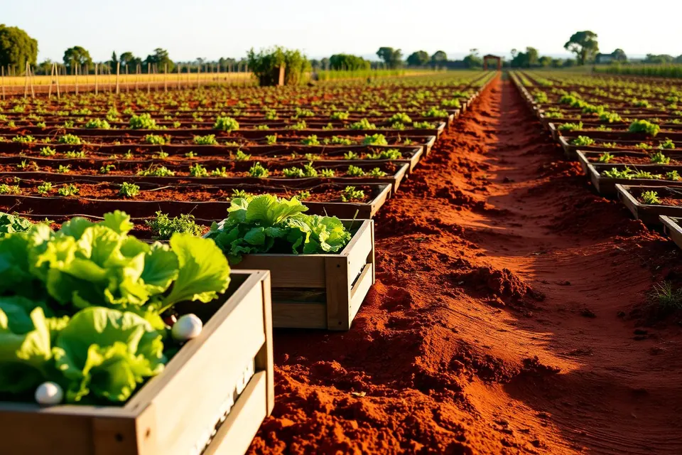 Canteiros de hortaliças e caixas de madeira com legumes em pequena propriedade