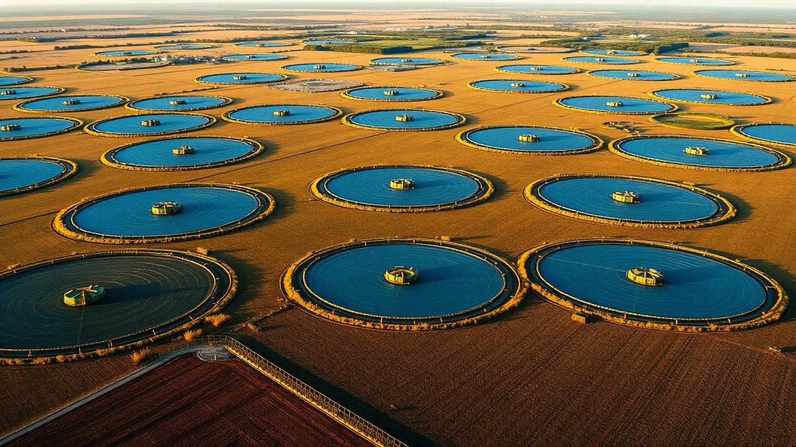 Vista aérea de círculos de pivô central de irrigação no cerrado, ao entardecer