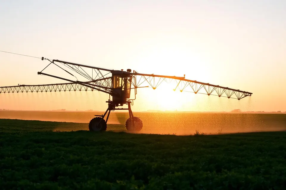 Pivô central de irrigação em operação, jato de água contra a luz do fim de tarde